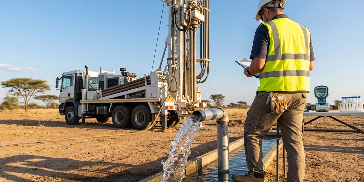 Professional hydrogeologist supervising a water borehole drilling site in Africa with clean water flowing from the wellhead.